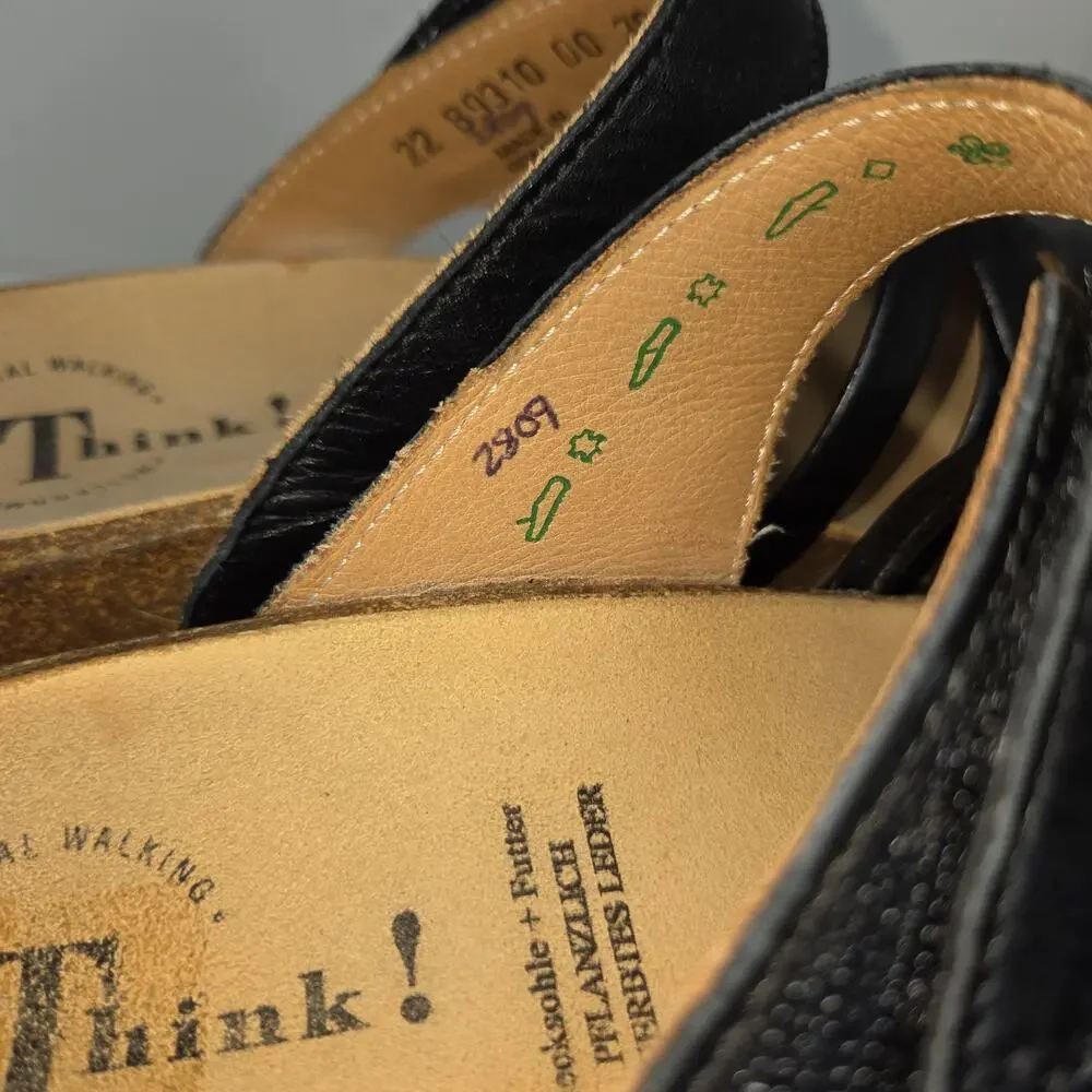 Think! Nappa Slide Sandals Black Leather Cutout Cork Comfort Sz 7 Womens Shoes - Picture 8 of 11